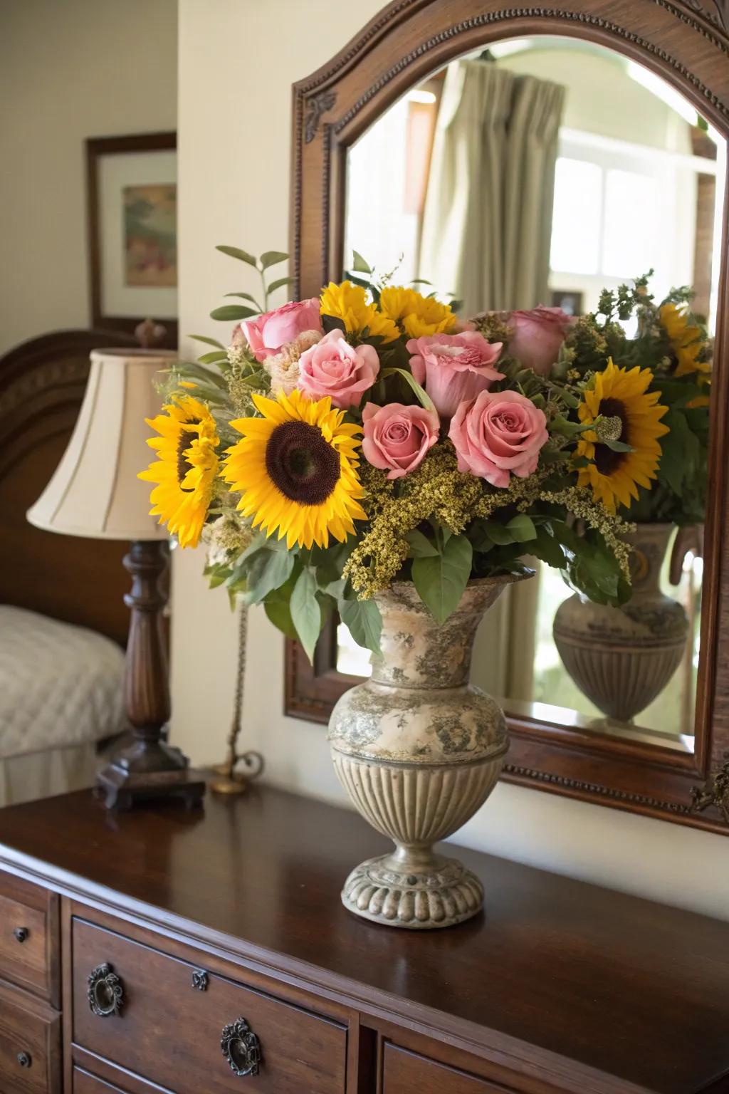Sentimentally effervescent: sunflowers accompanied by roseate roses.