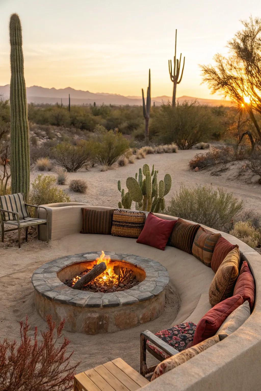A desert sanctuary with a ground-level fire feature.