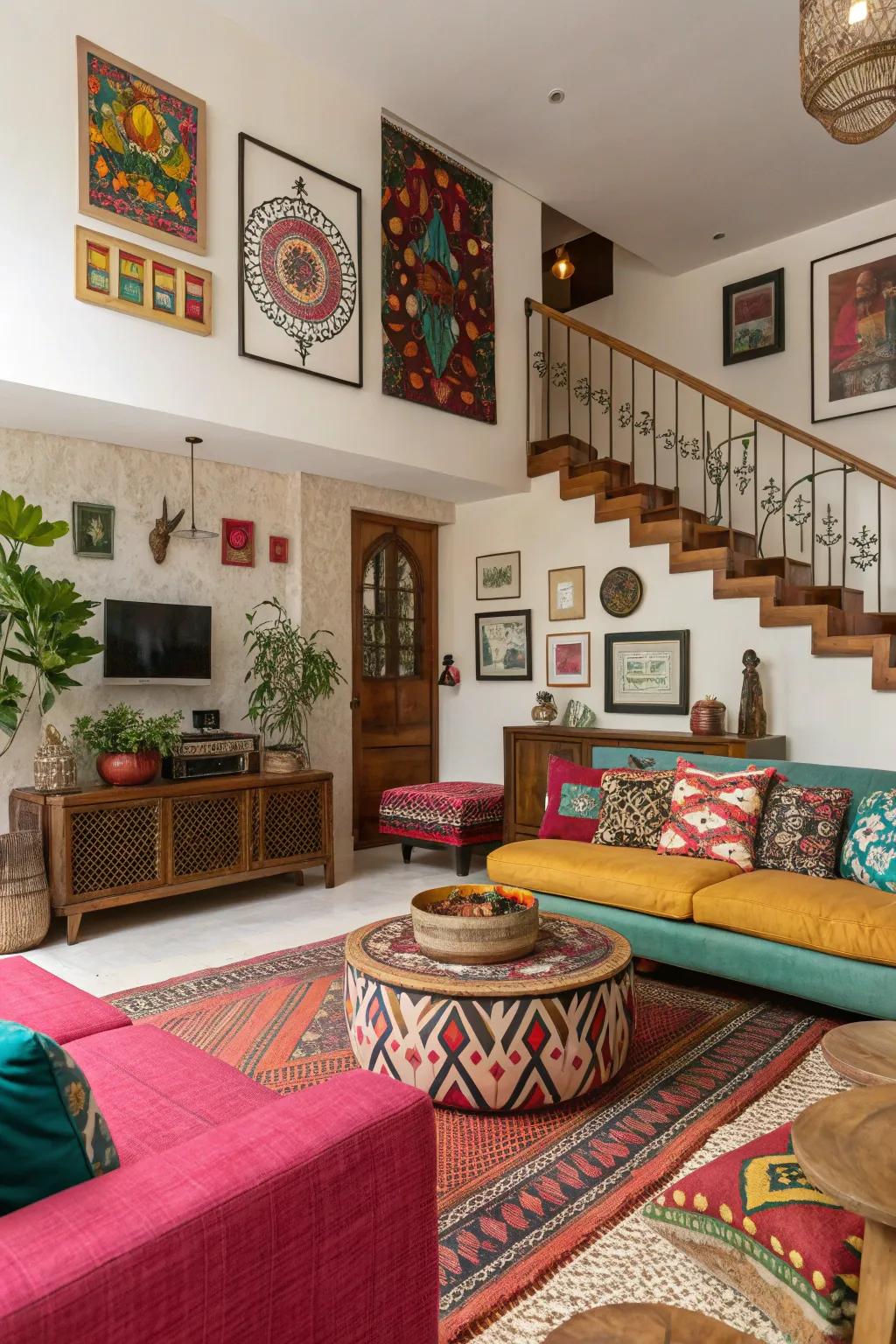 A recessed living room with eclectic decor.