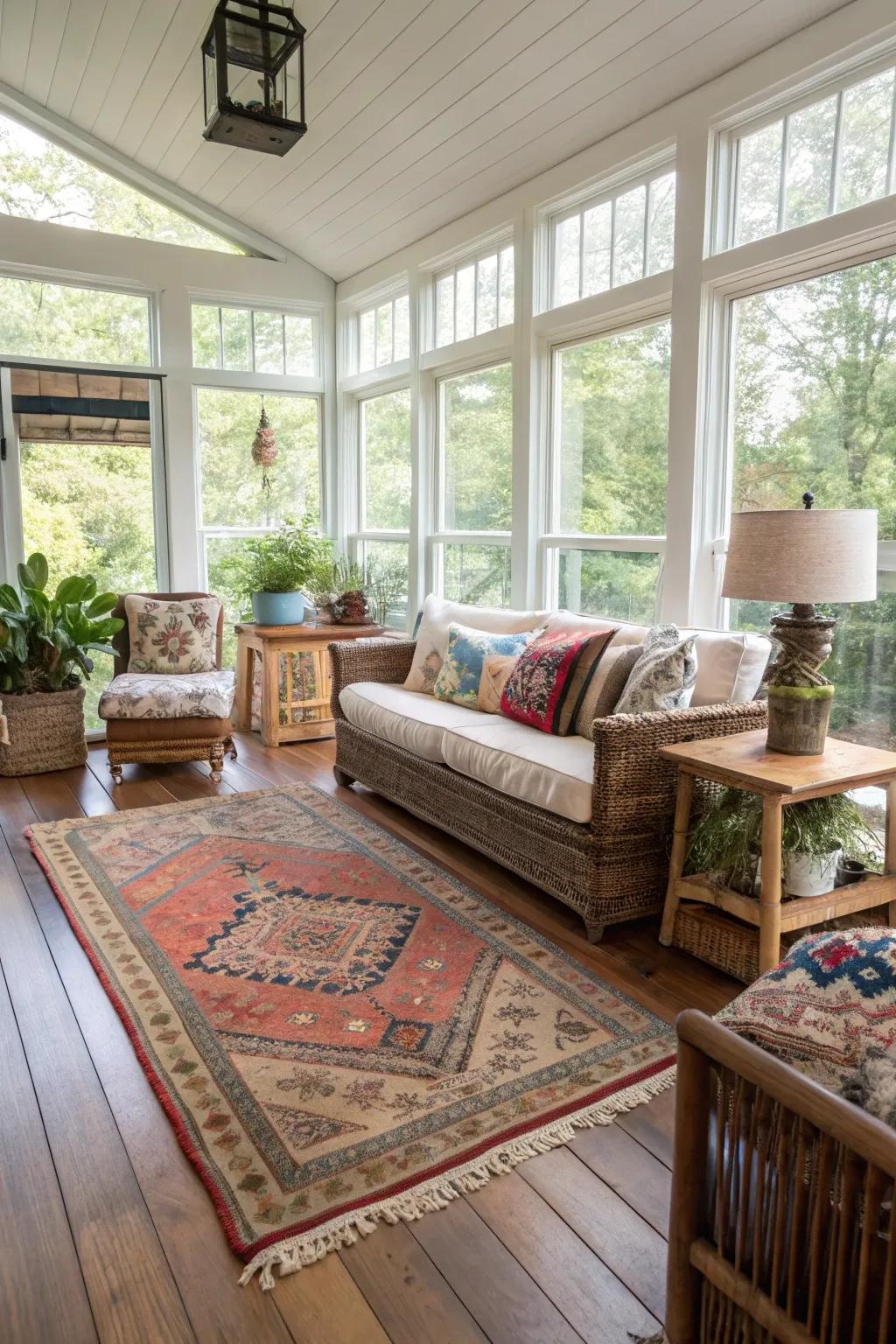 Layered rugs bring texture and versatility to your sunroom.
