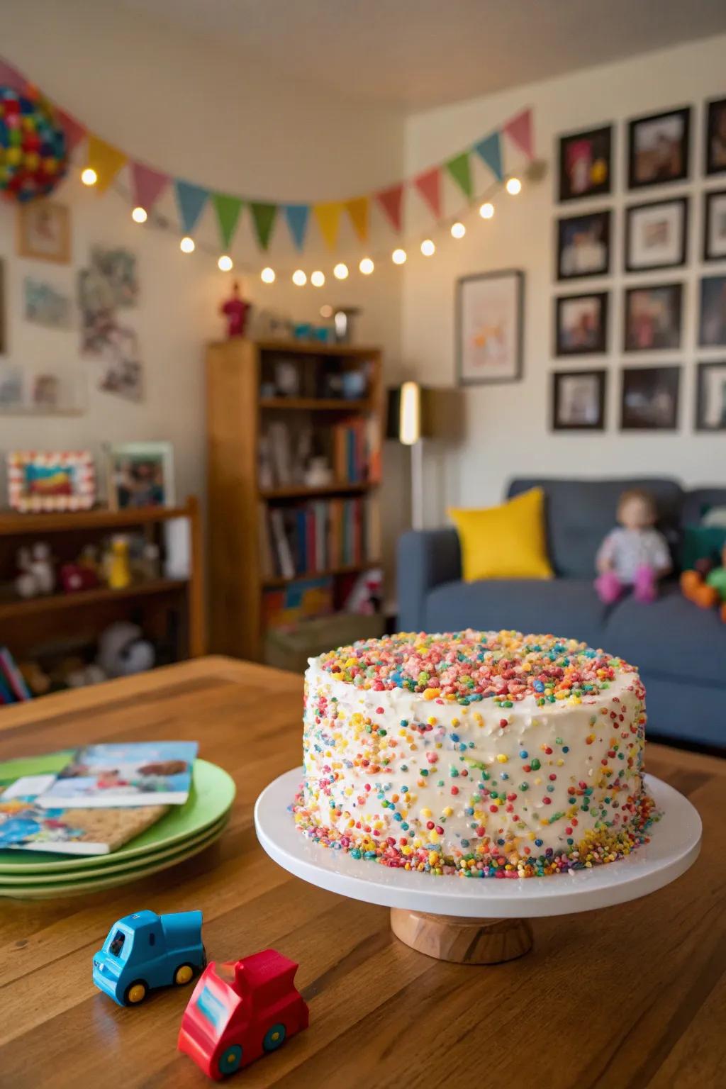 A confetti merriment cake that incorporates a surge of hue and exhilaration into the festivity.