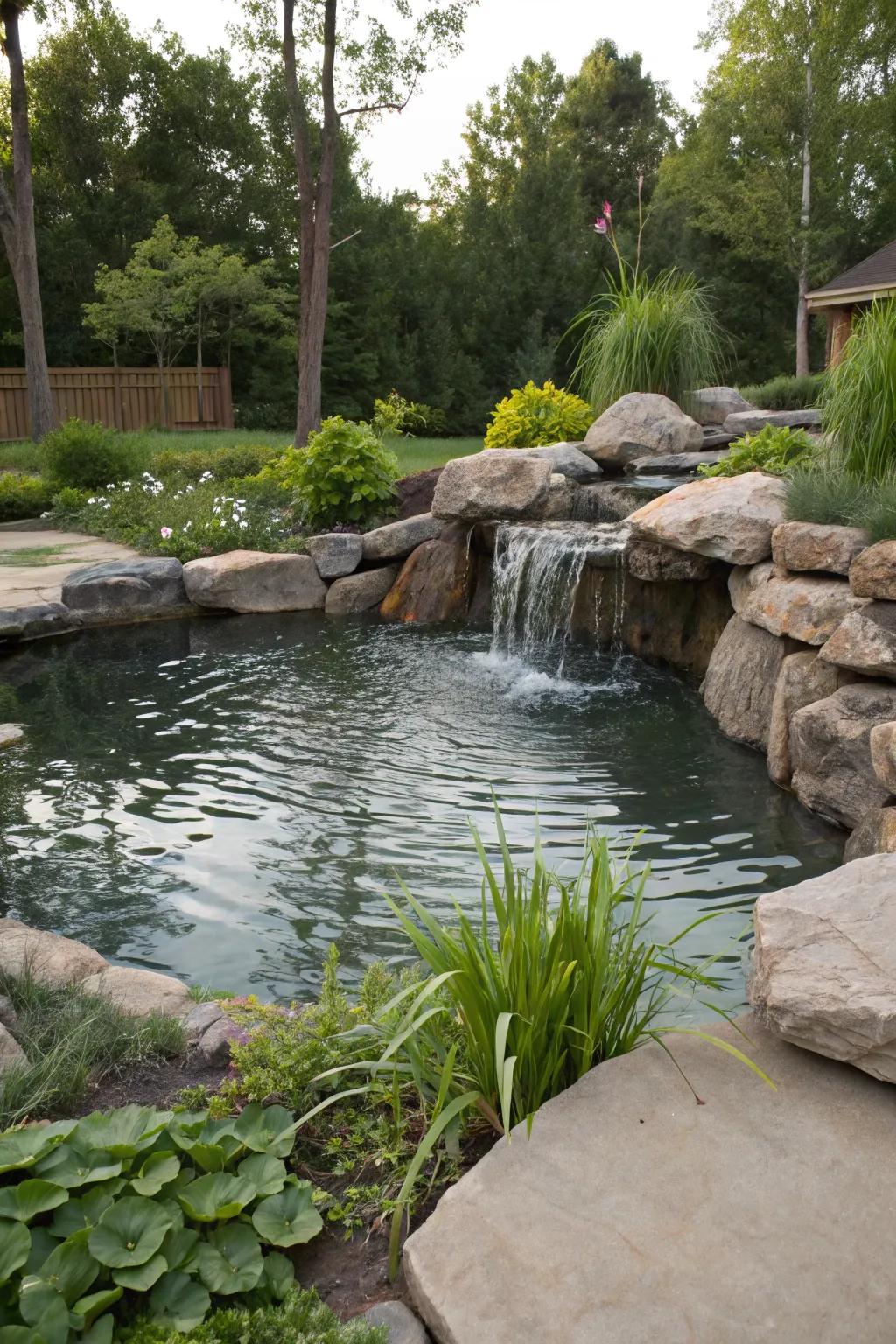 A waterfall feature adds calming sounds and visual intrigue.