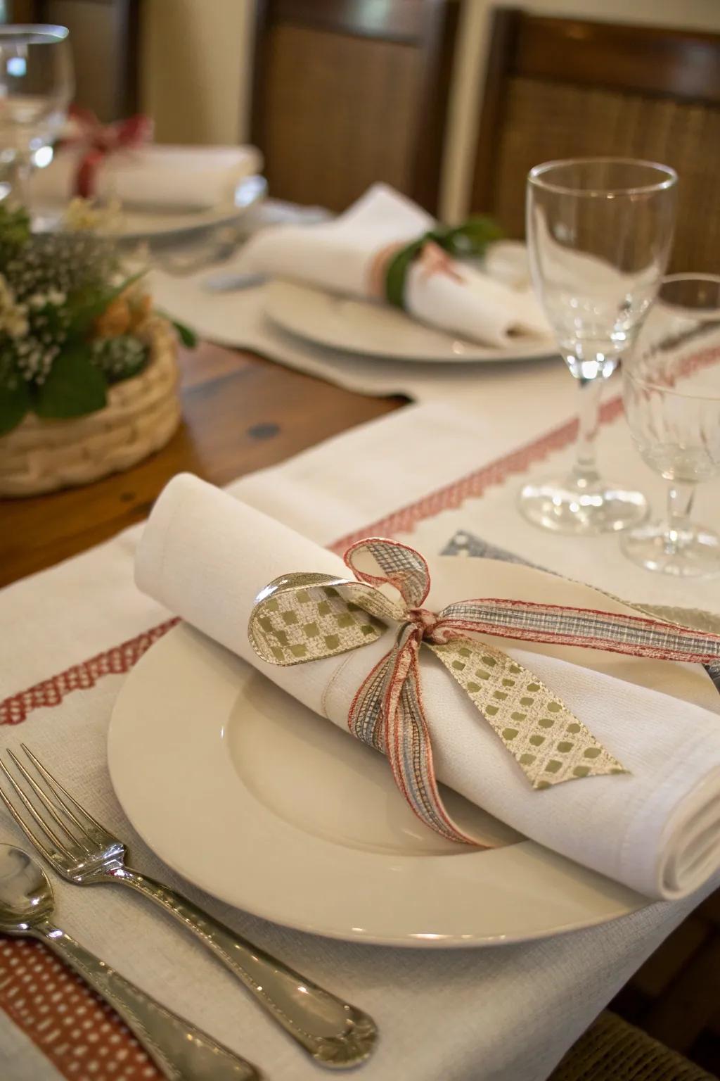Handcrafted serviette adornments append a personalized impression to the table arrangement.