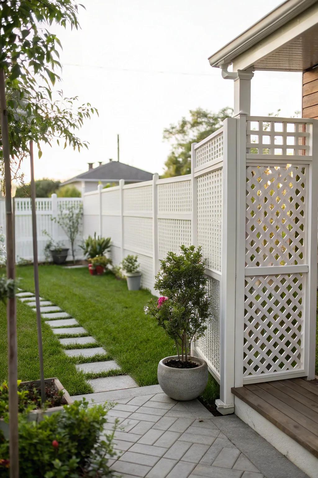 White lattice screens offering a charming privacy solution.