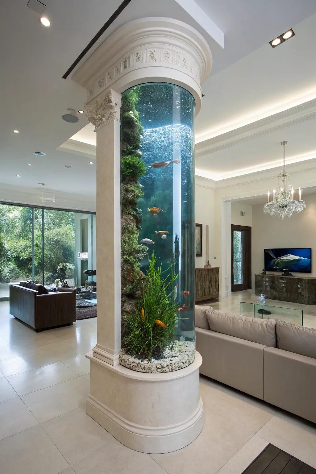 An elongated aquarium functioning as an architectonic pillar within a modern expanse.