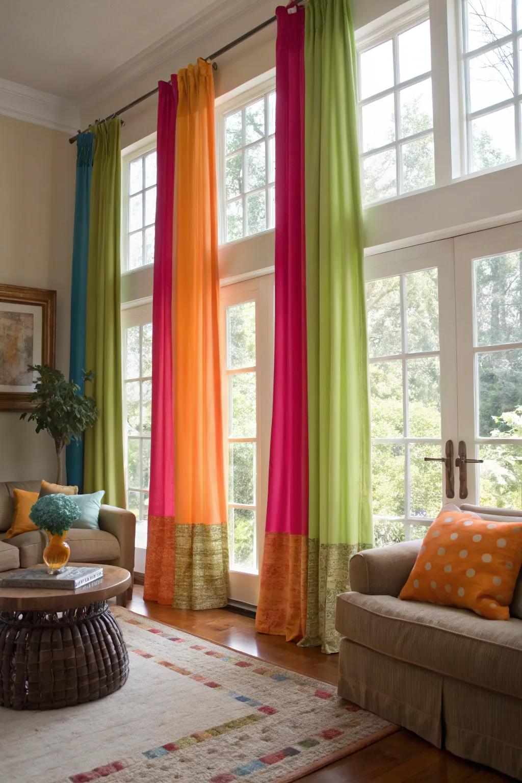 Color-partitioned curtains, designed to integrate profundity and character.
