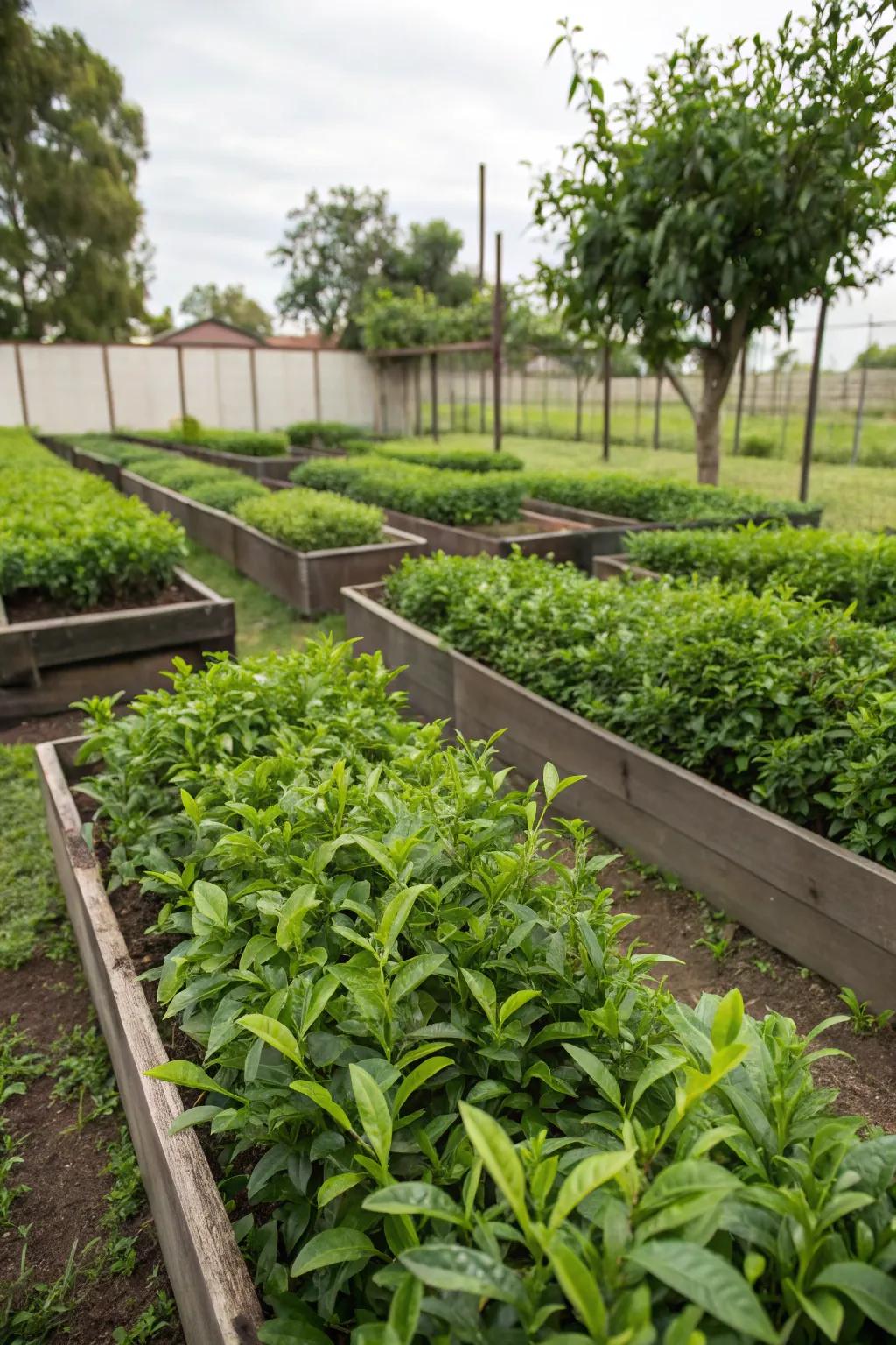 Raised beds providing easy access and organization to your tea garden.