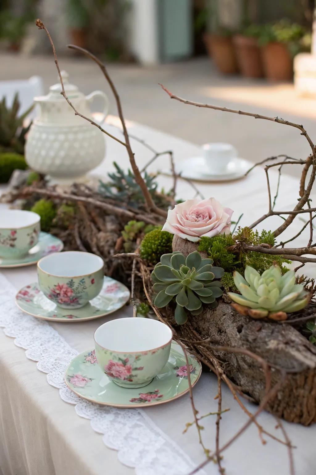 Natural elements like branches add an organic touch to the decor.