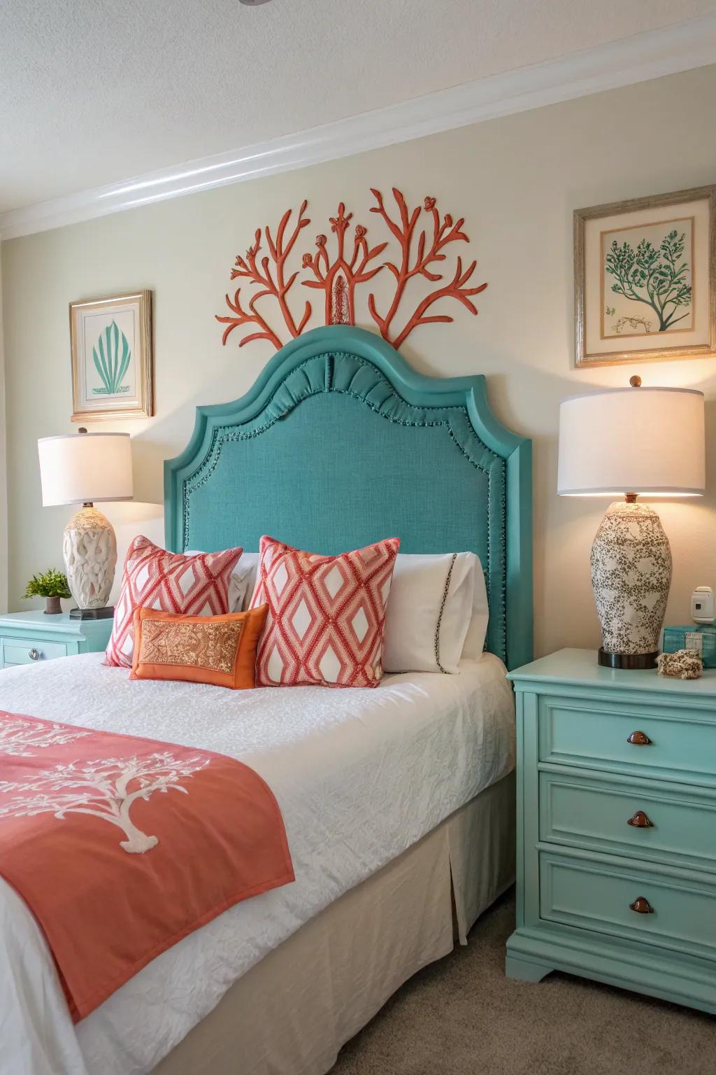 A teal headboard and coral accents make a bold statement.