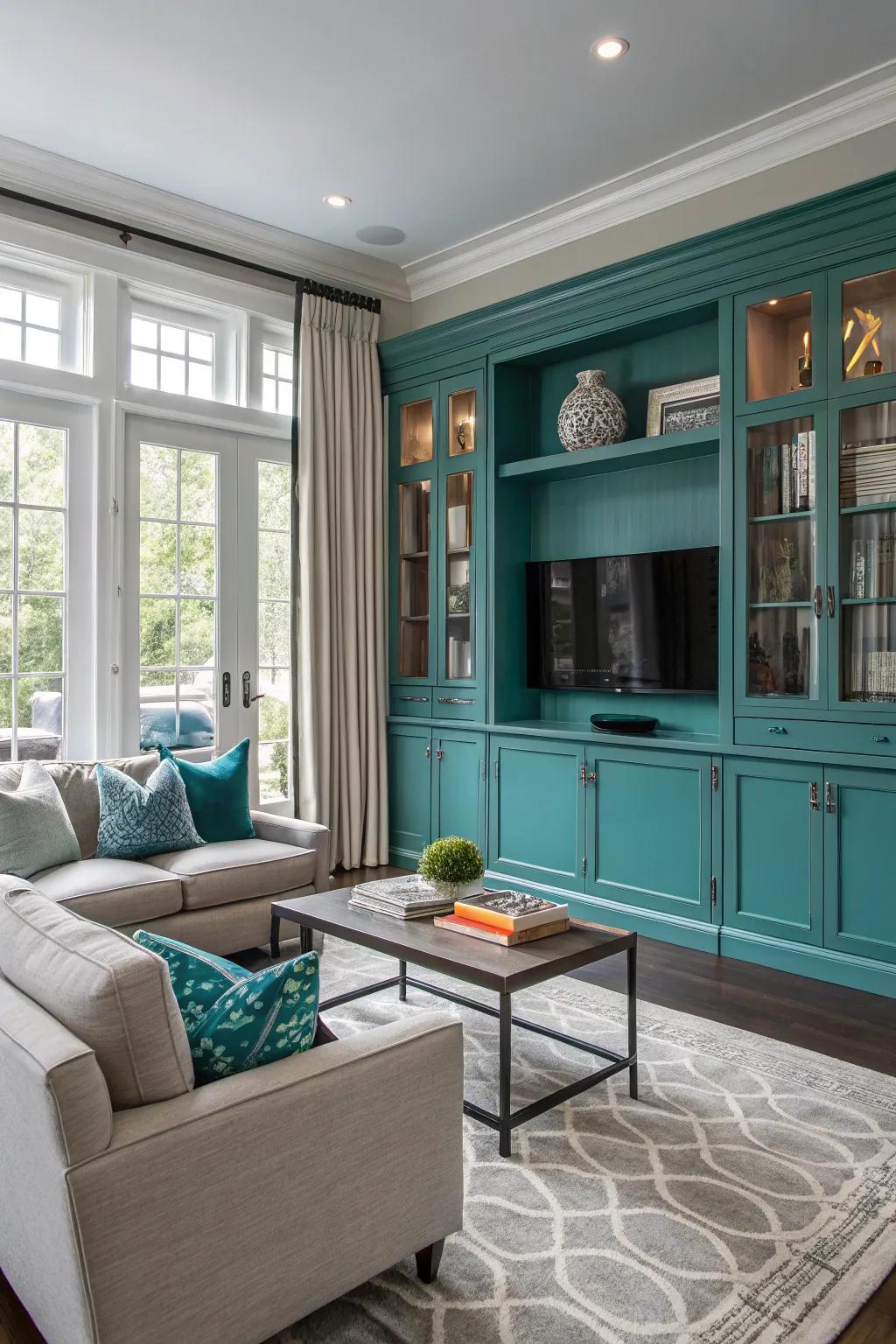 Azure cabinetry offers both functionality and a bold design statement.