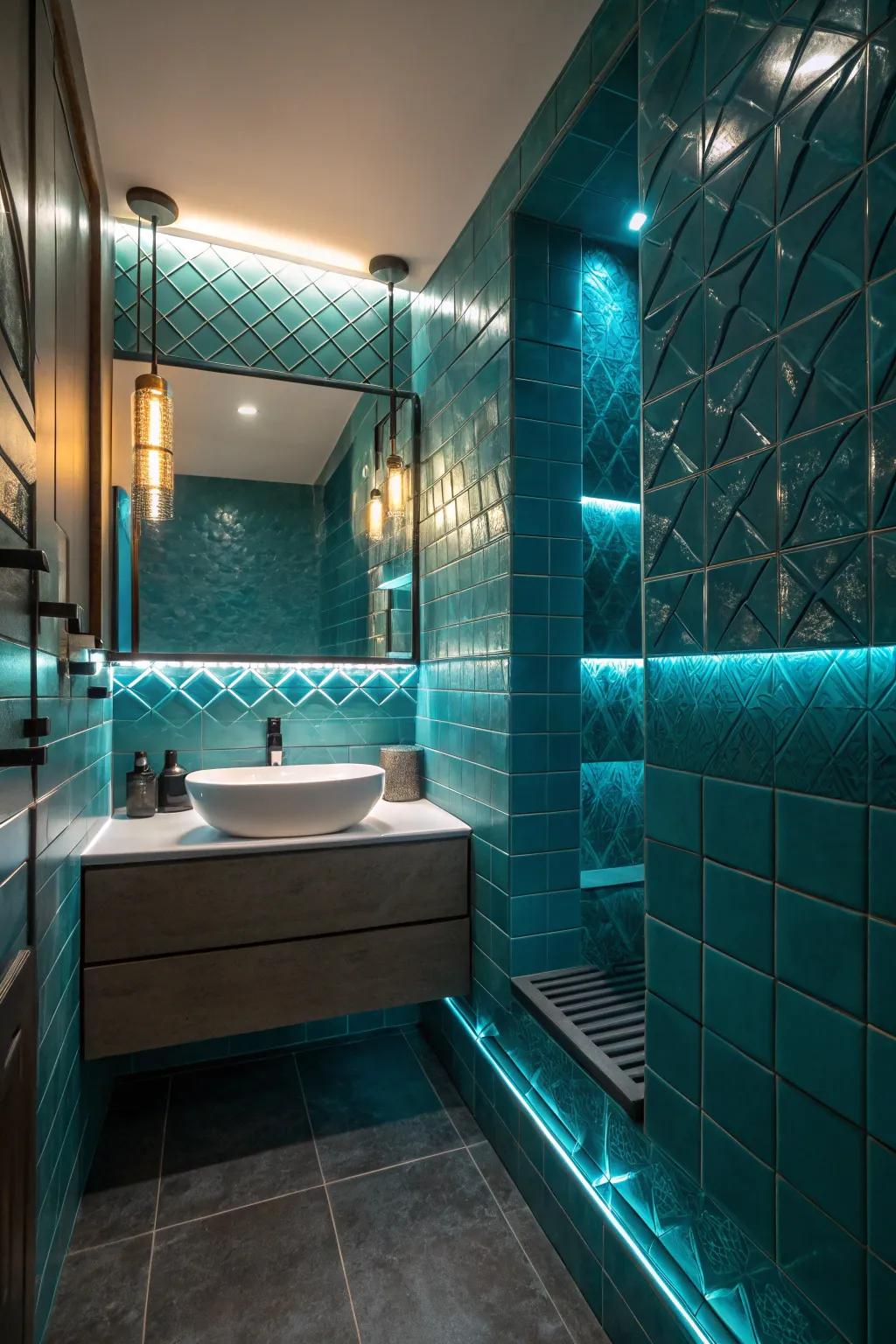 Lighting can enhance the texture and depth of aqua bricks.