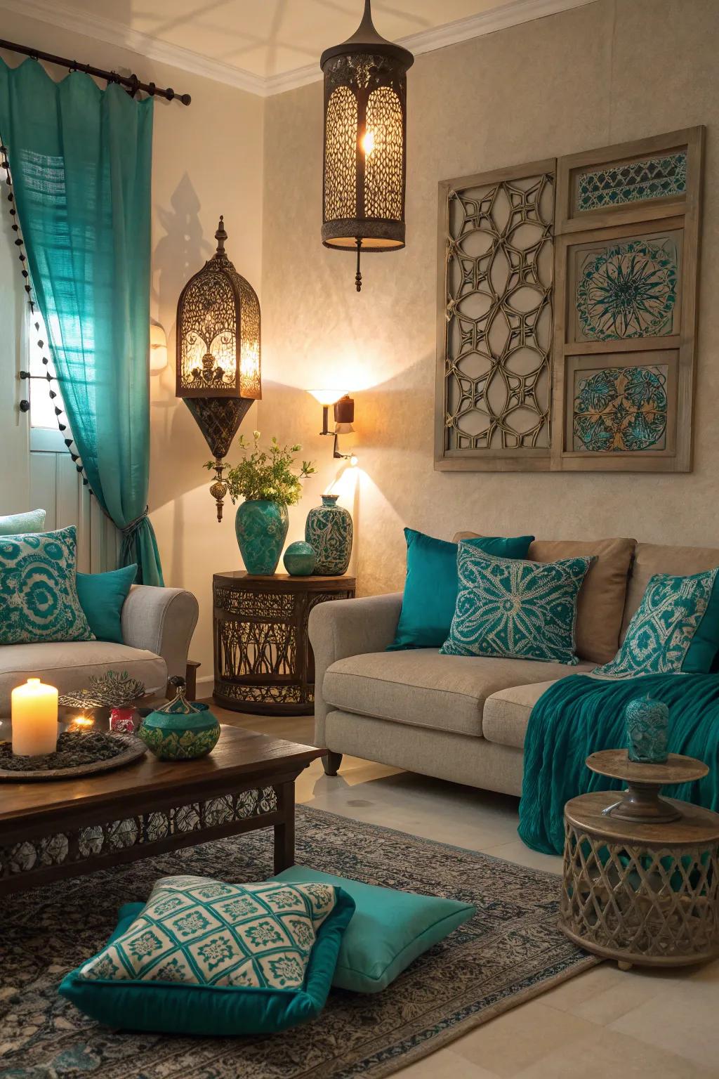 Layered lighting enhances the charm of teal and turquoise hues.