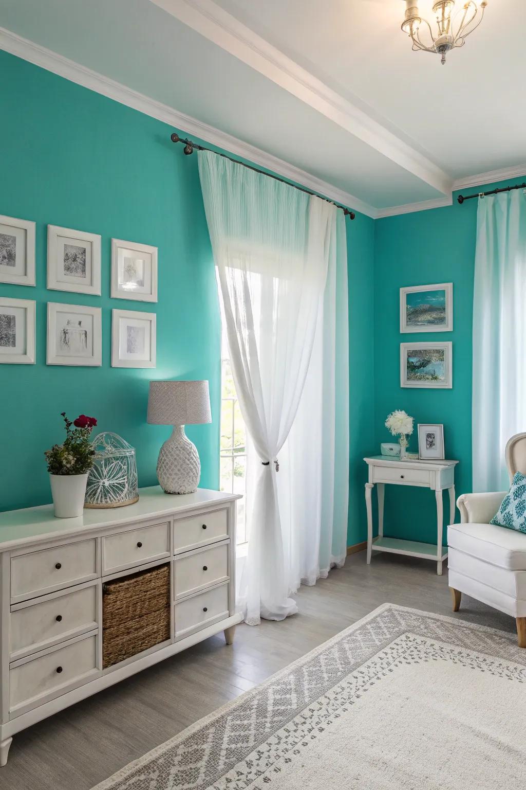 Crisp and clean decor featuring teal and white elements.