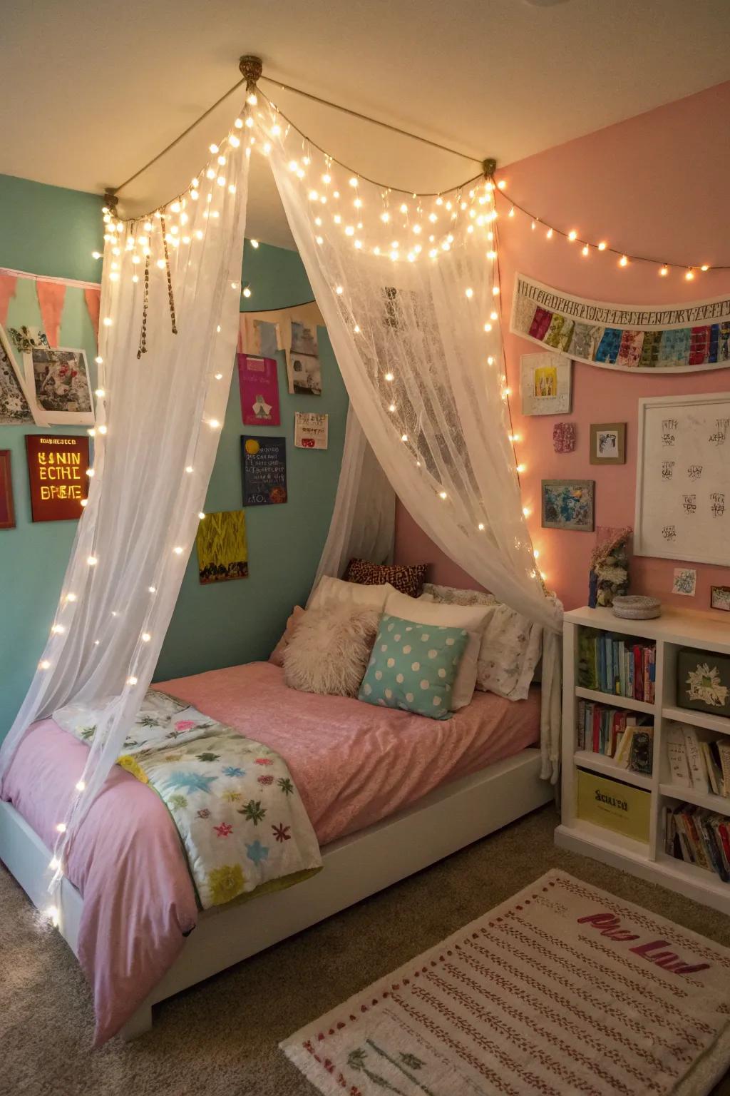 A whimsical bed covering adds a touch of enchantment to a teenage girl's room.