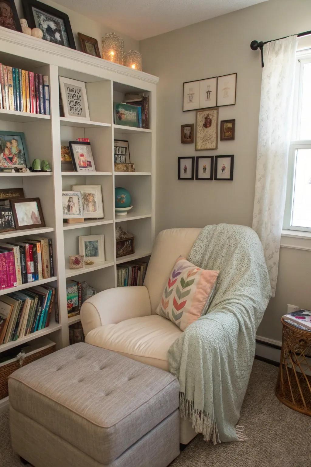 A reading spot offers a cozy place for rest and relaxation.