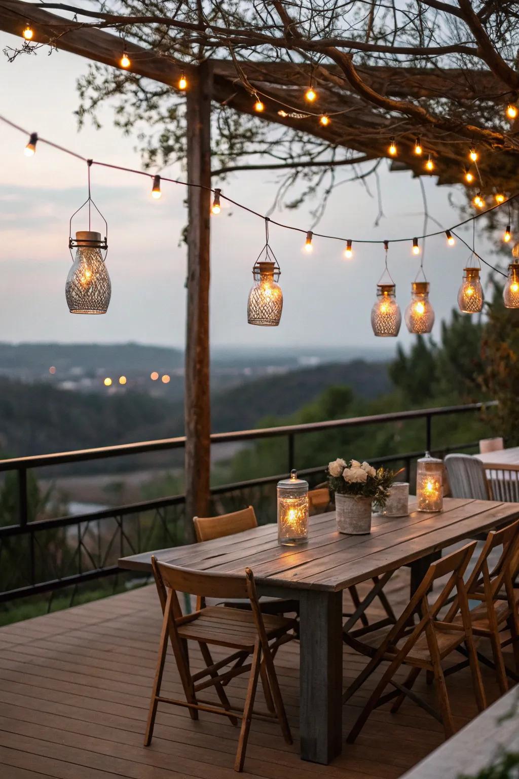 Mason jar lights spread a cozy, rustic vibe.