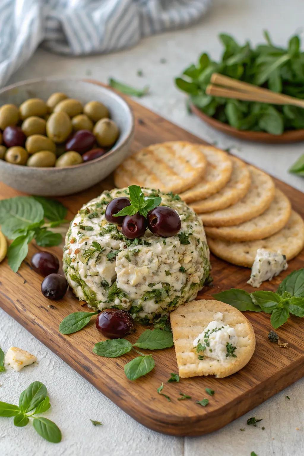 Mediterranean cheese ball featuring olives and feta.