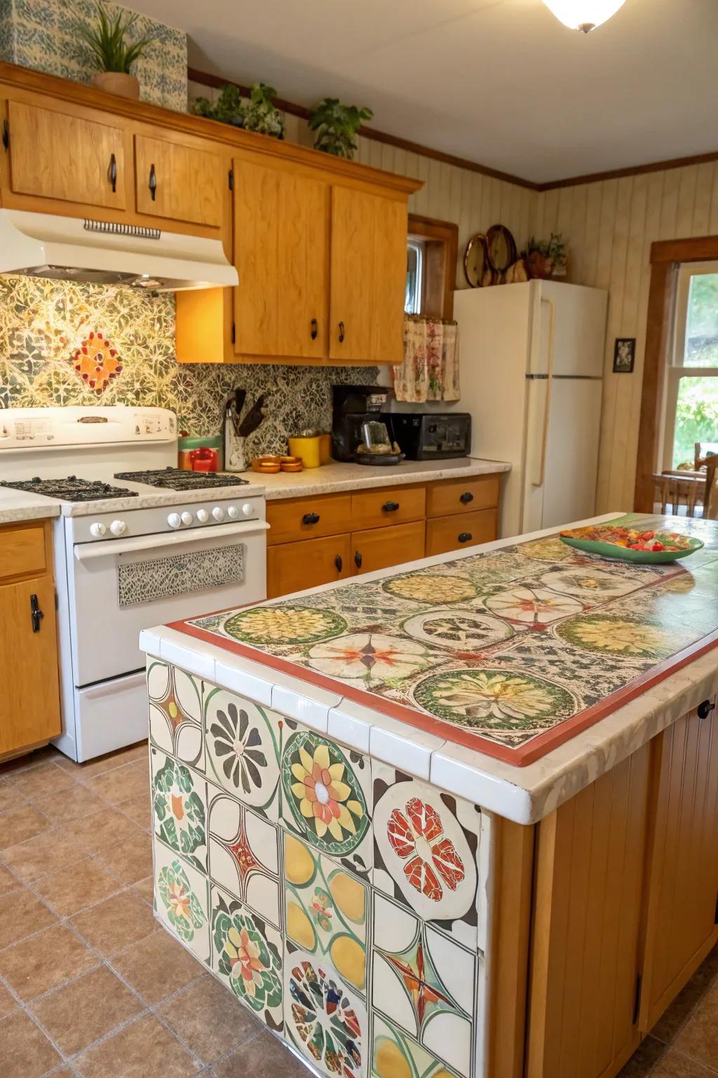 Classic squares give a wistful detail to this cooking area.