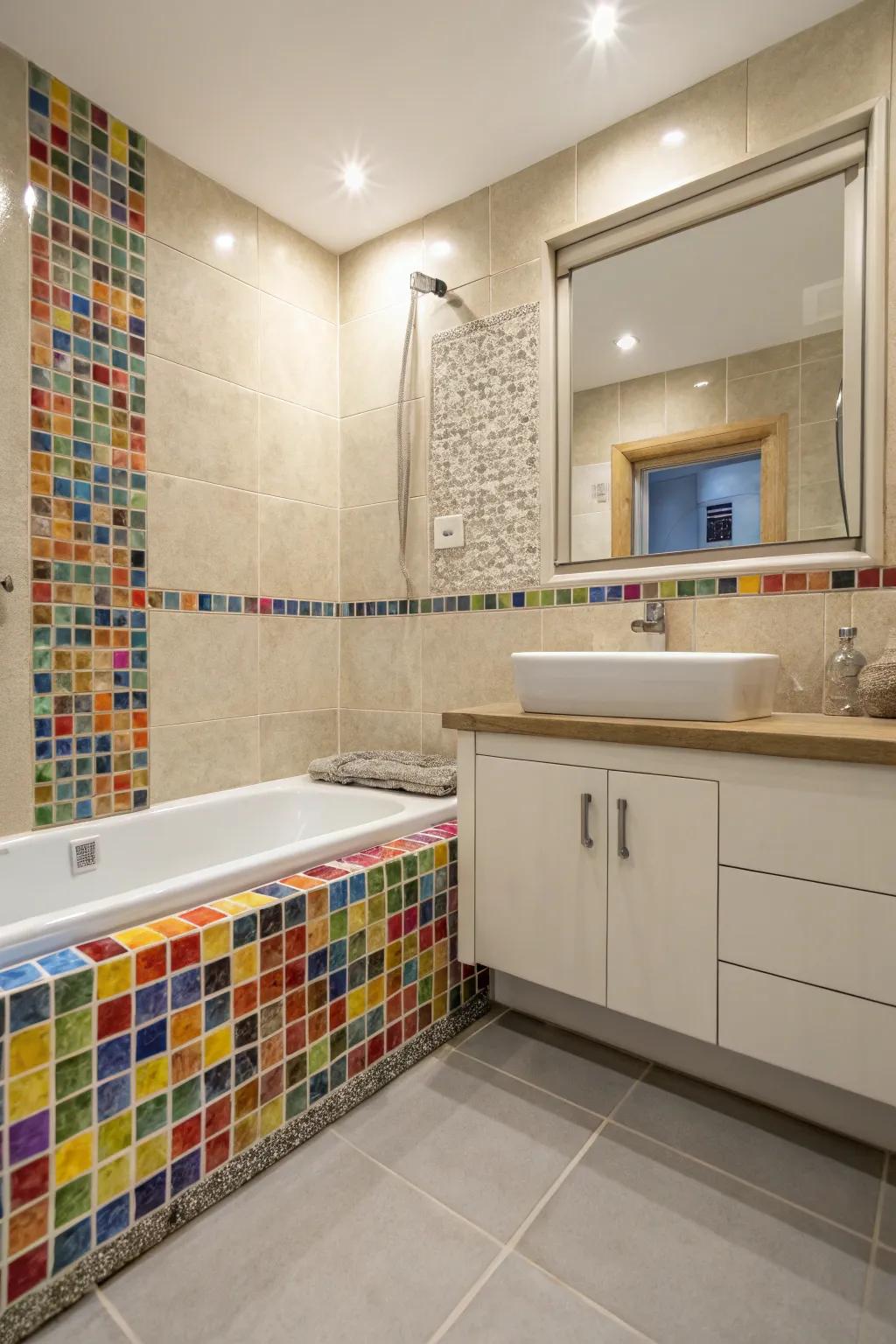 Mosaic tile borders add color and texture, transforming tiled walls into art.