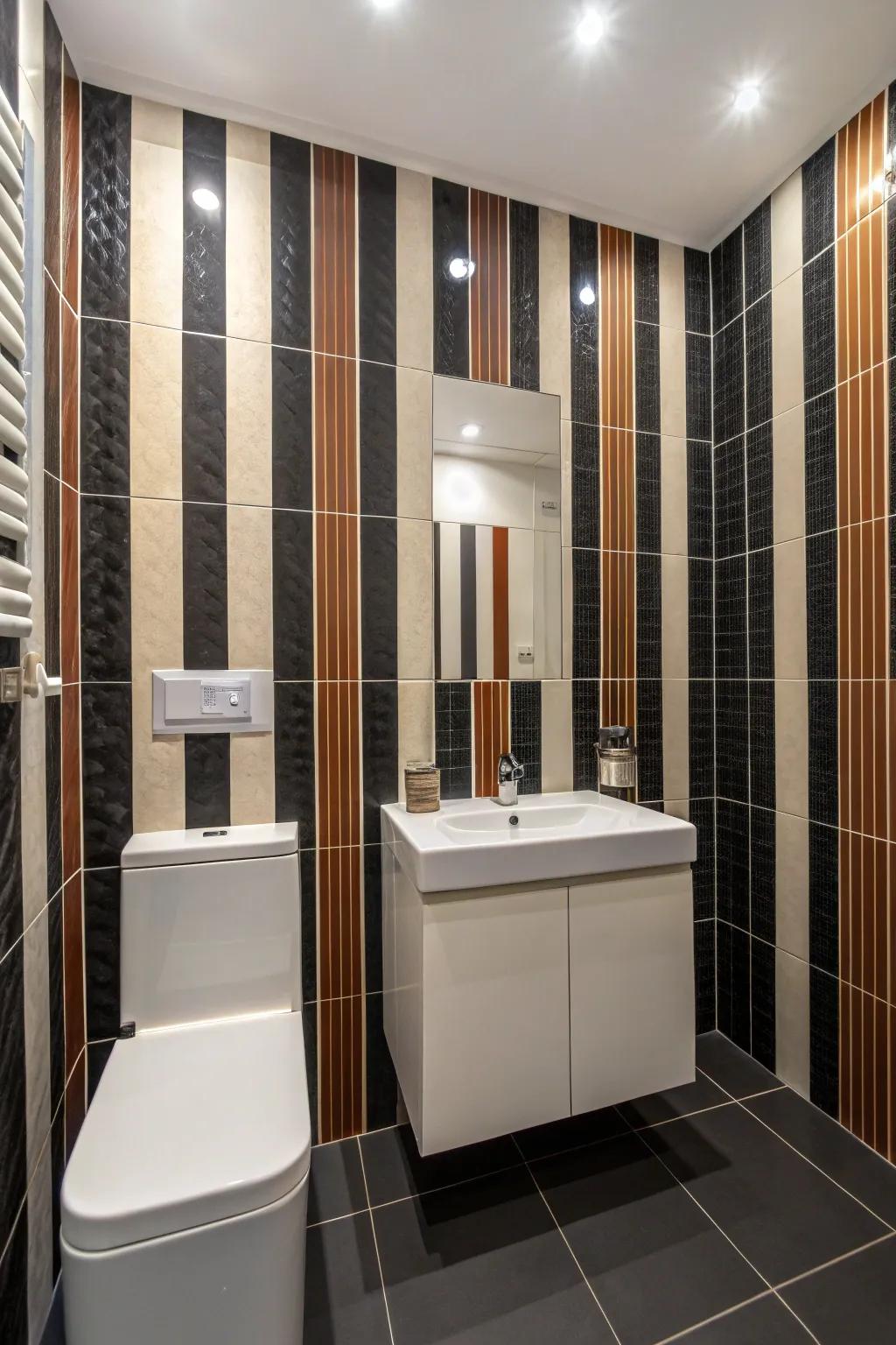 Vertical stripes visually elongate this small restroom.
