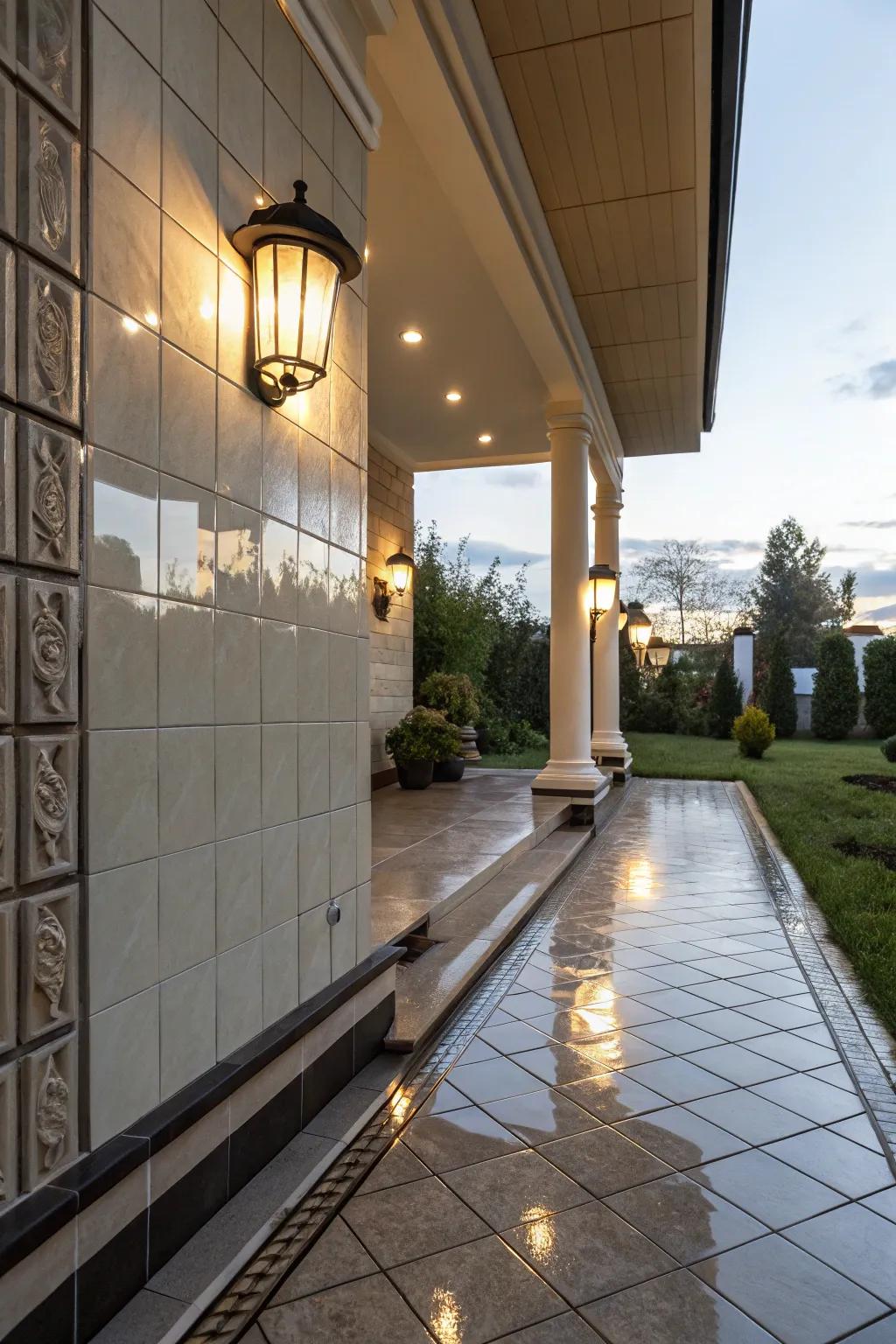Gleaming wall tiles enhance the sophistication of this porch.