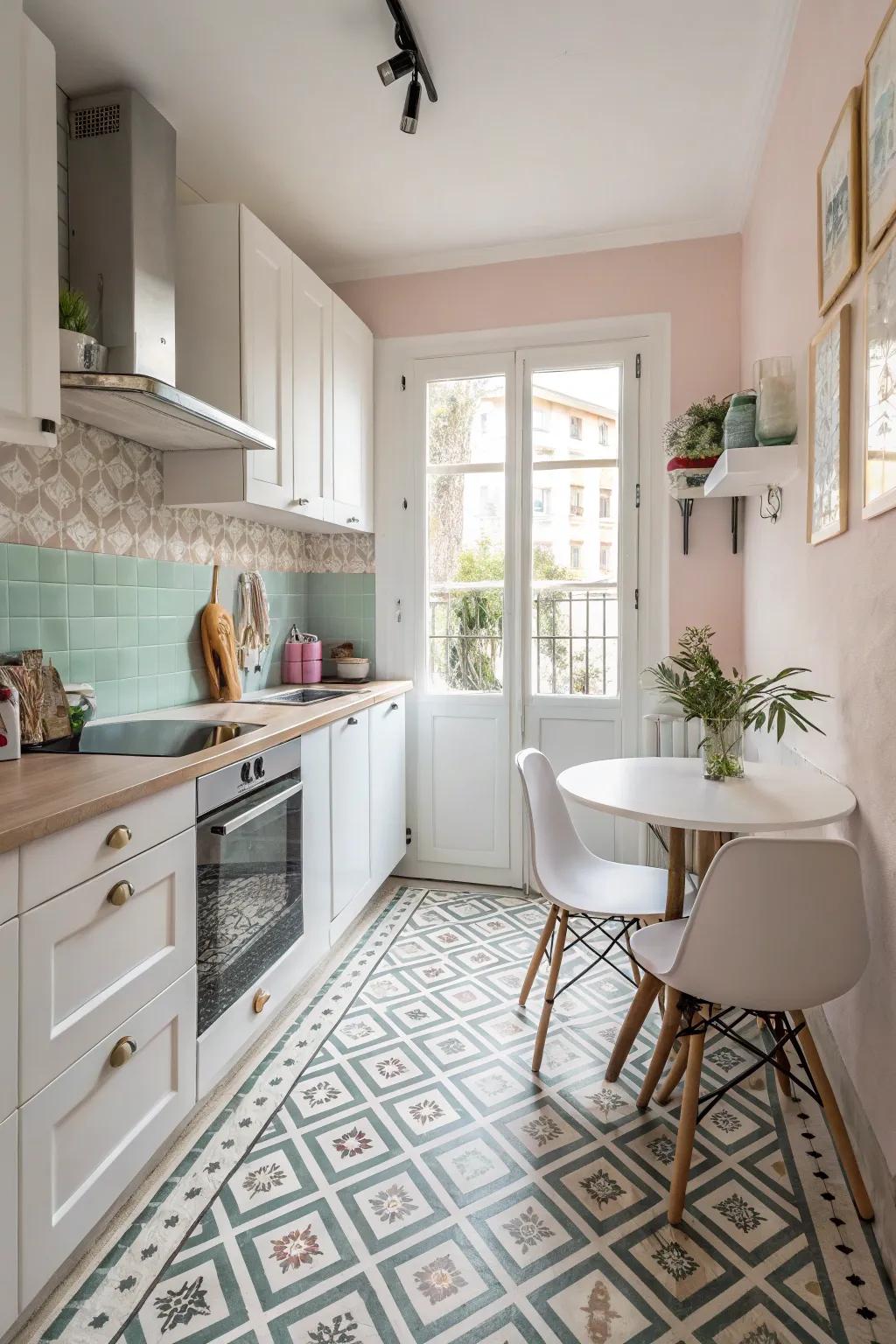 Patterned flooring introduces design and the deception of space in a petite cooking space.