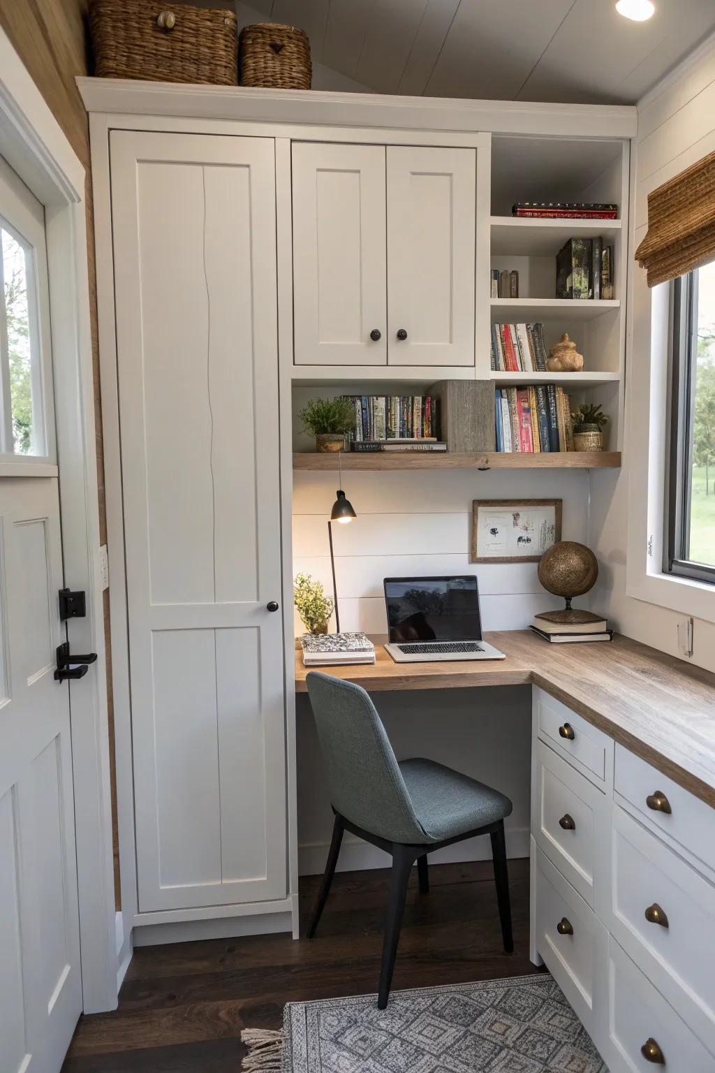 Concealed storage assists in maintaining a tidy and organized office setting.
