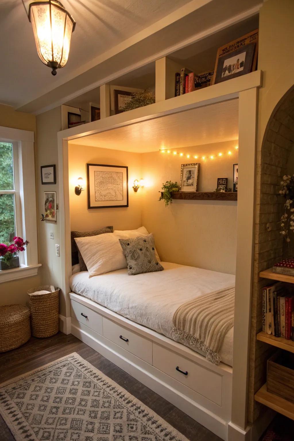 A secluded bed space makes for a cozy retreat within a small room.
