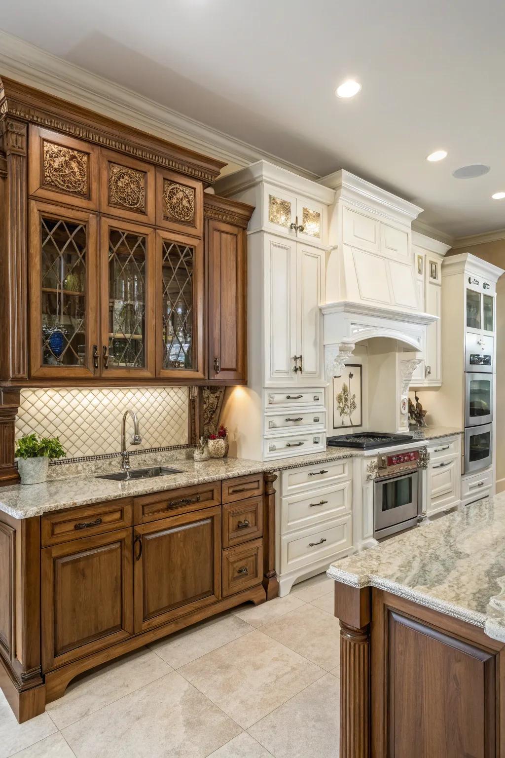 Fusing vintage and contemporary cabinets introduces dimension and character to your kitchen.