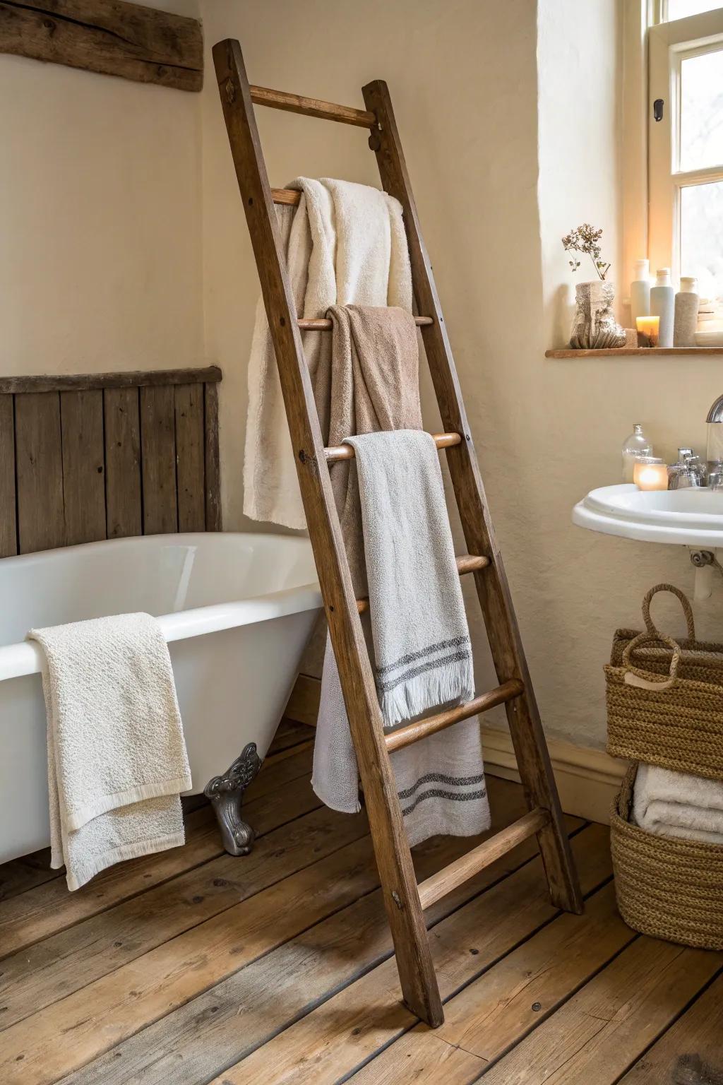 An antique ladder brings nostalgic charm to towel storage.