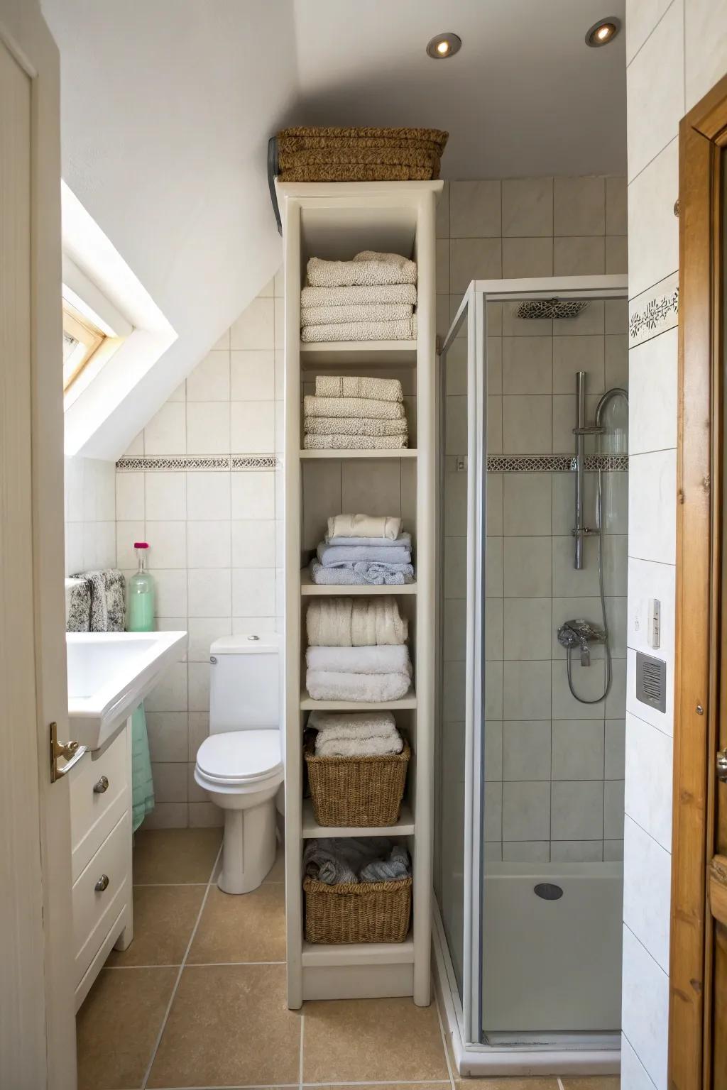 Optimize space with a vertical towel cabinet.