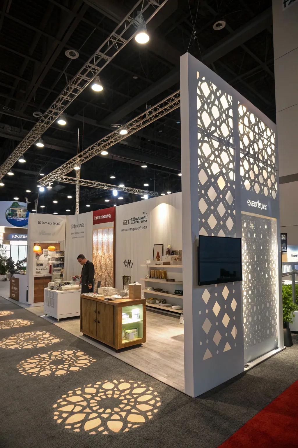 Shadow play adds depth and visual interest to the booth's design.