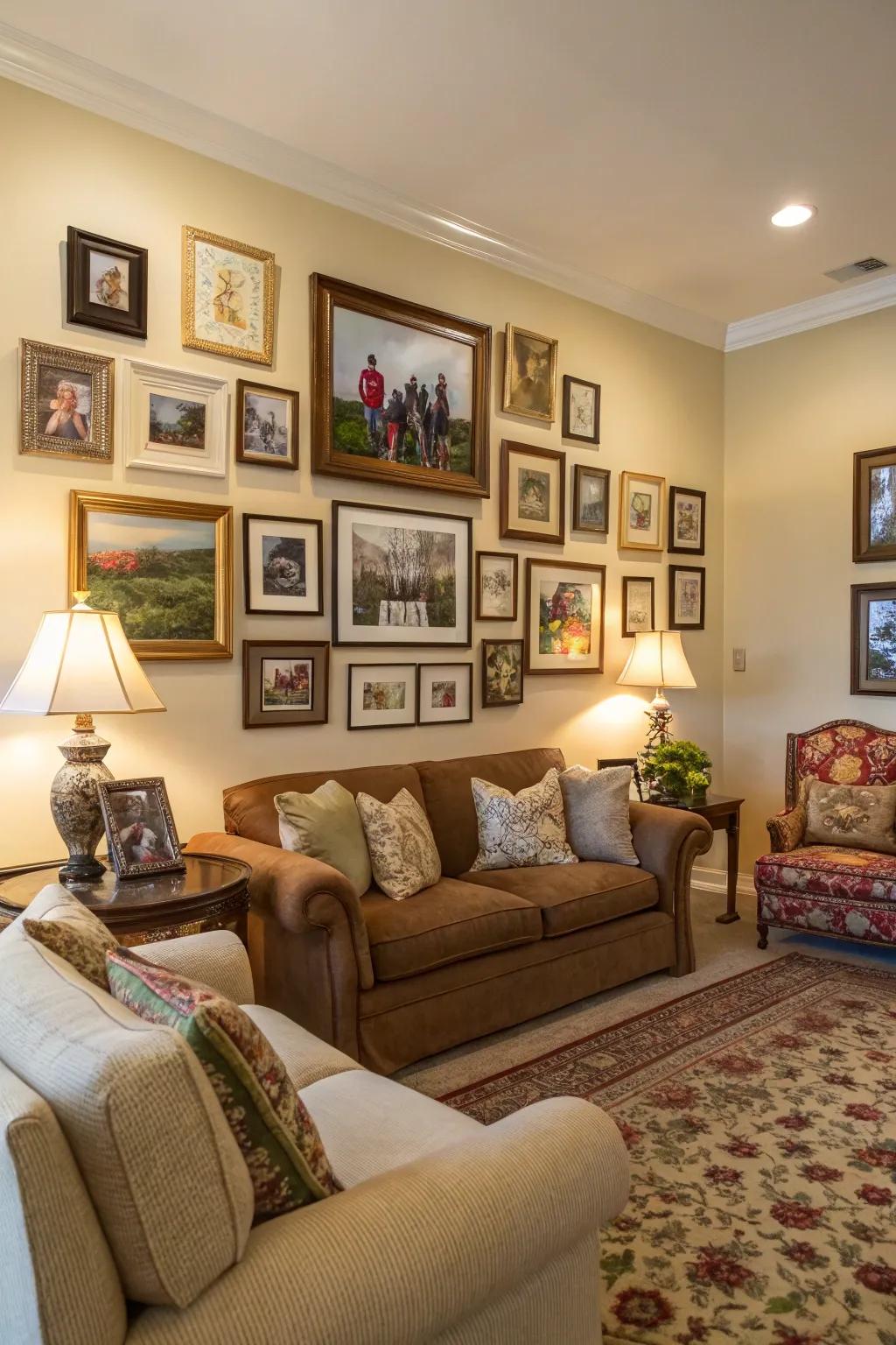 A gallery wall adds personality to this classic living room.