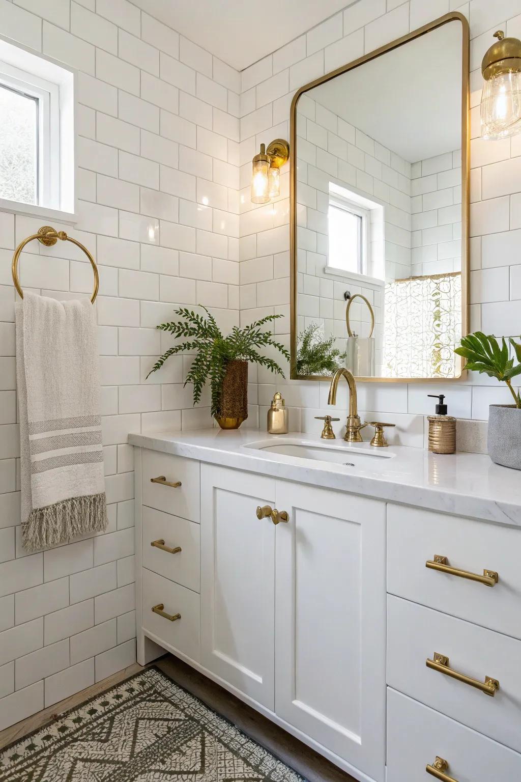A white bathroom elevated by the warmth and grandeur of golden fixtures.
