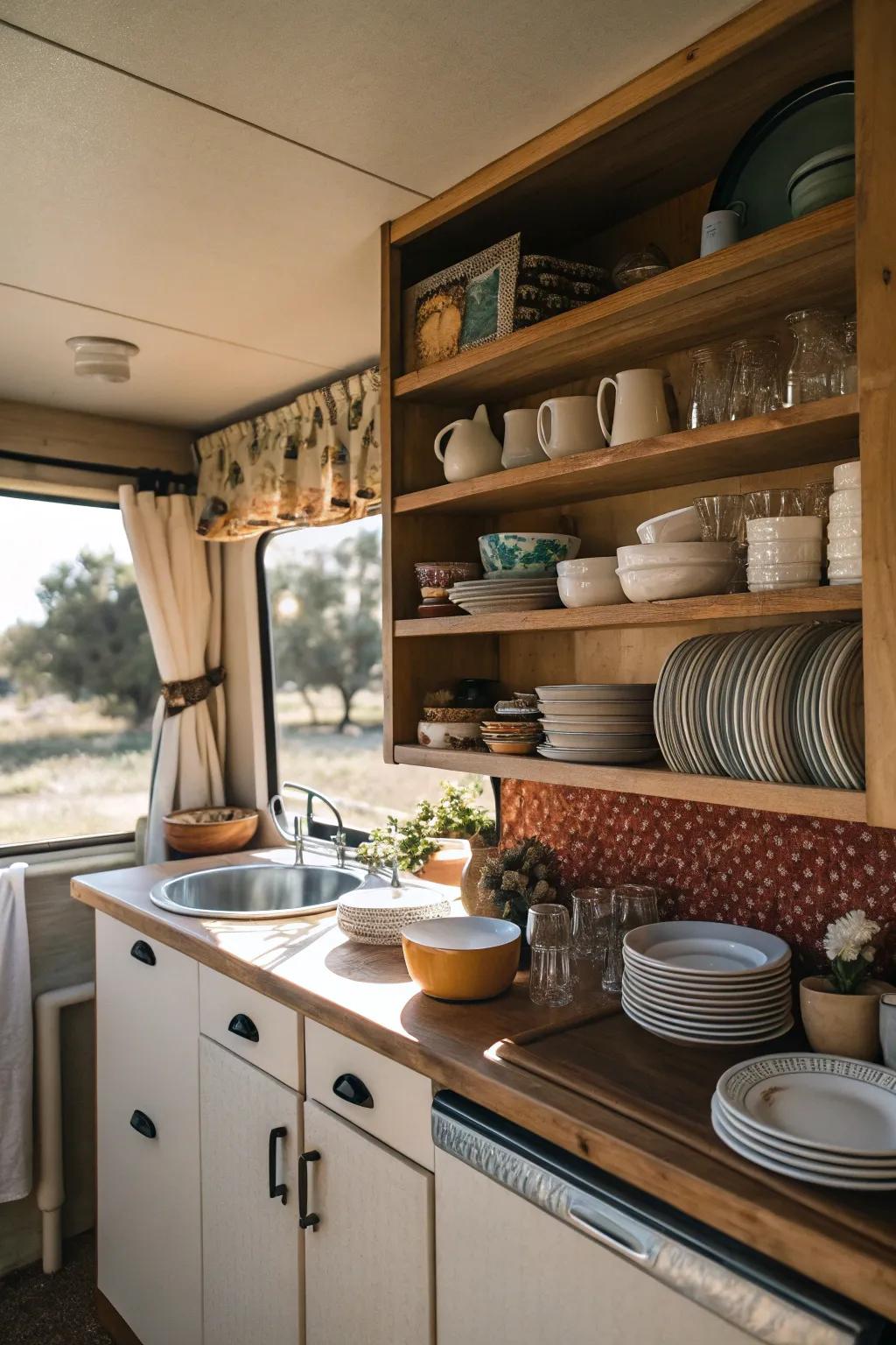 Visible shelving maintains essentials at hand and adds visual space.