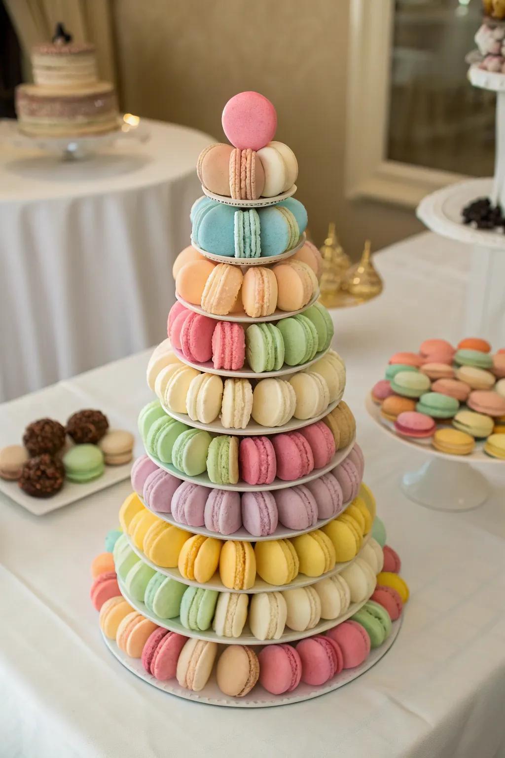 Macaron tower with colorful macarons.