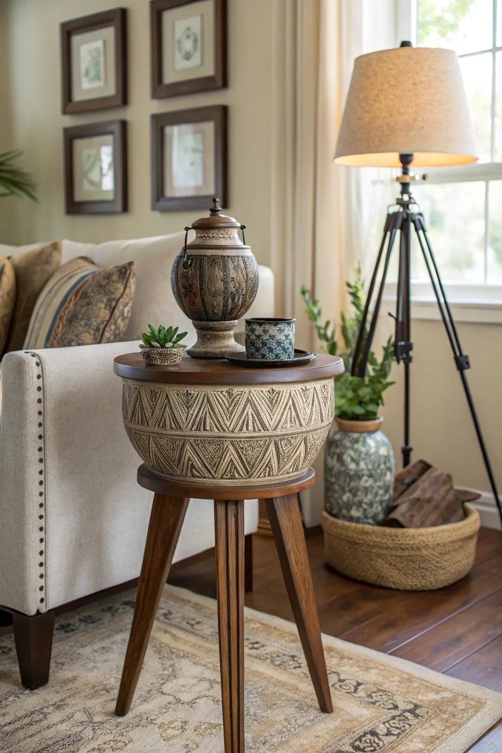 Inject intrigue with three-legged stands that boast surprise details.