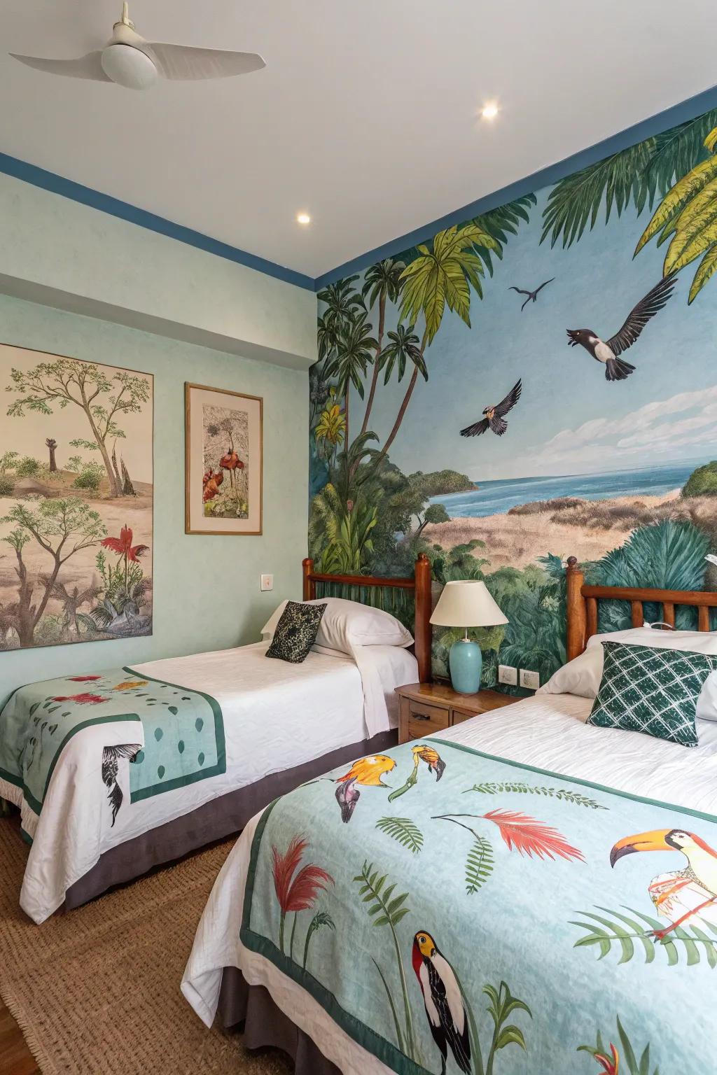 Tropical fauna artwork serves as a mesmerizing focal element.