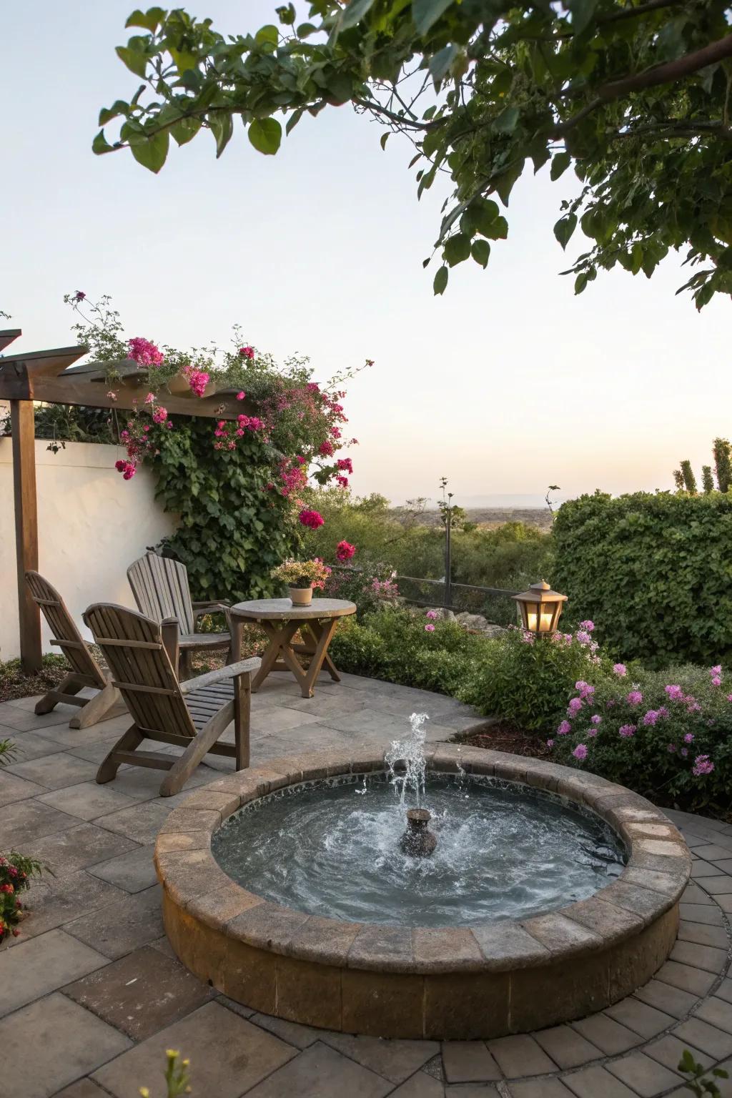For a tropical ambiance, add tranquility using a water feature.