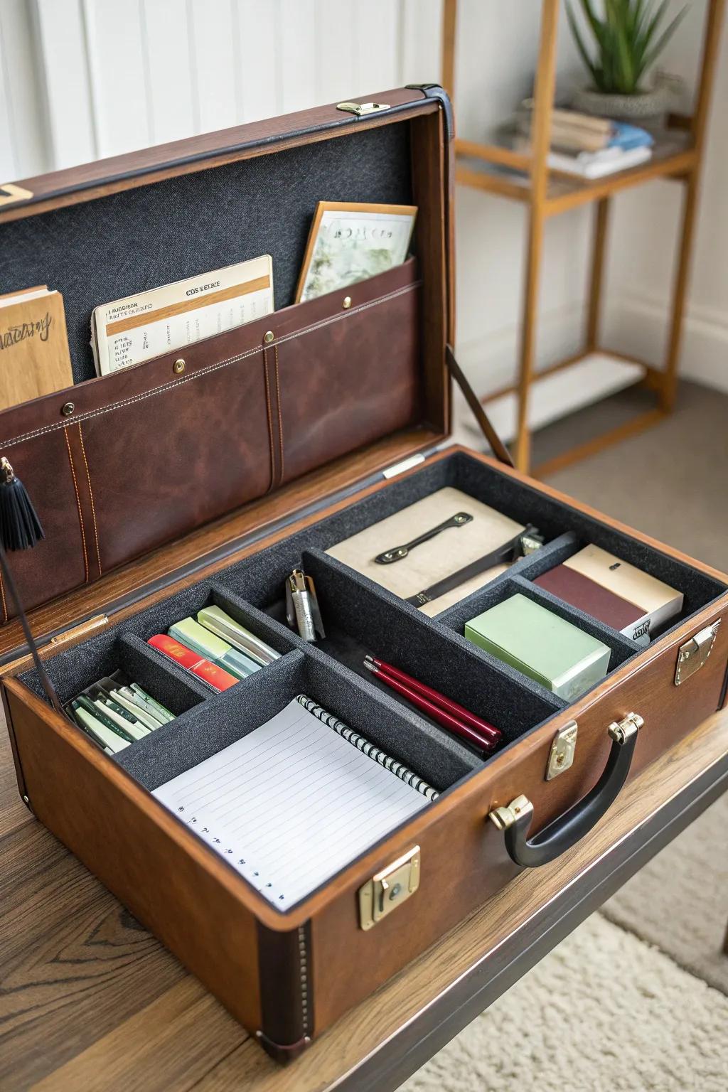 A trunk offers stylish storage within a home office setting.