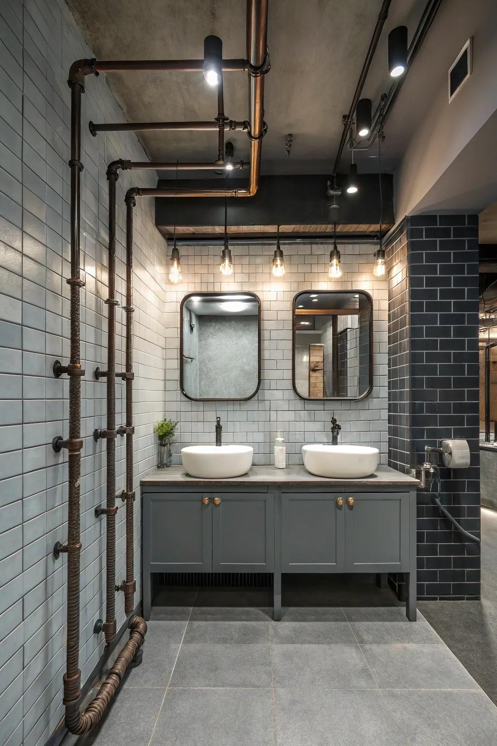 Exposed conduits introduce an industrial refinement vibe to the tub-in-shower bathroom.