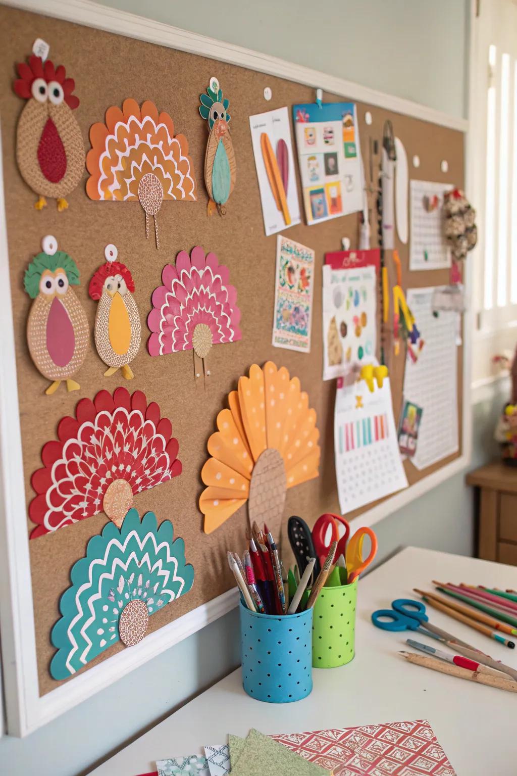 Patterned art paper turkeys add a handmade touch to the decor.