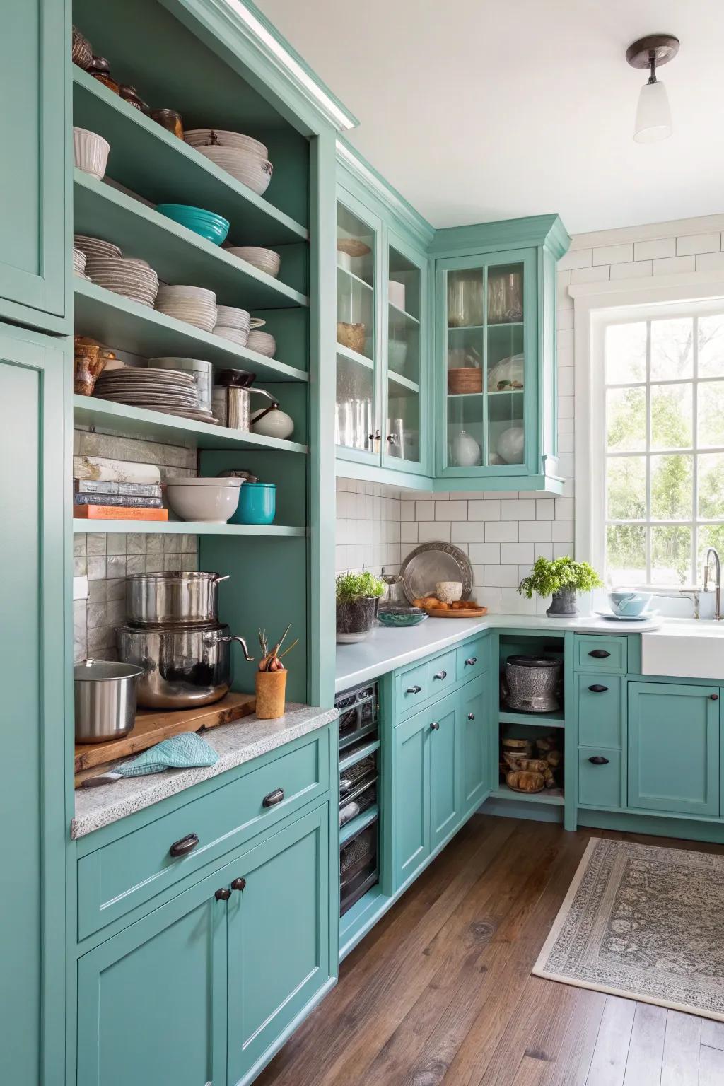 Unconfined shelving infusing practicality into a robin's egg blue culinary design.
