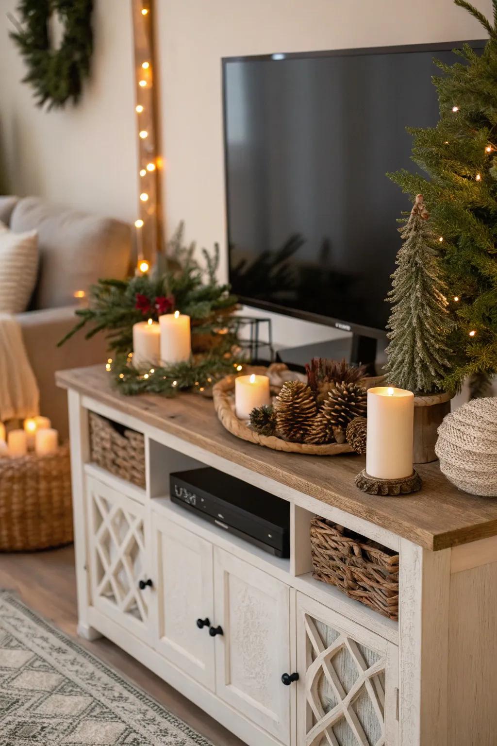 Seasonal decor elements on a TV console for an updated look.