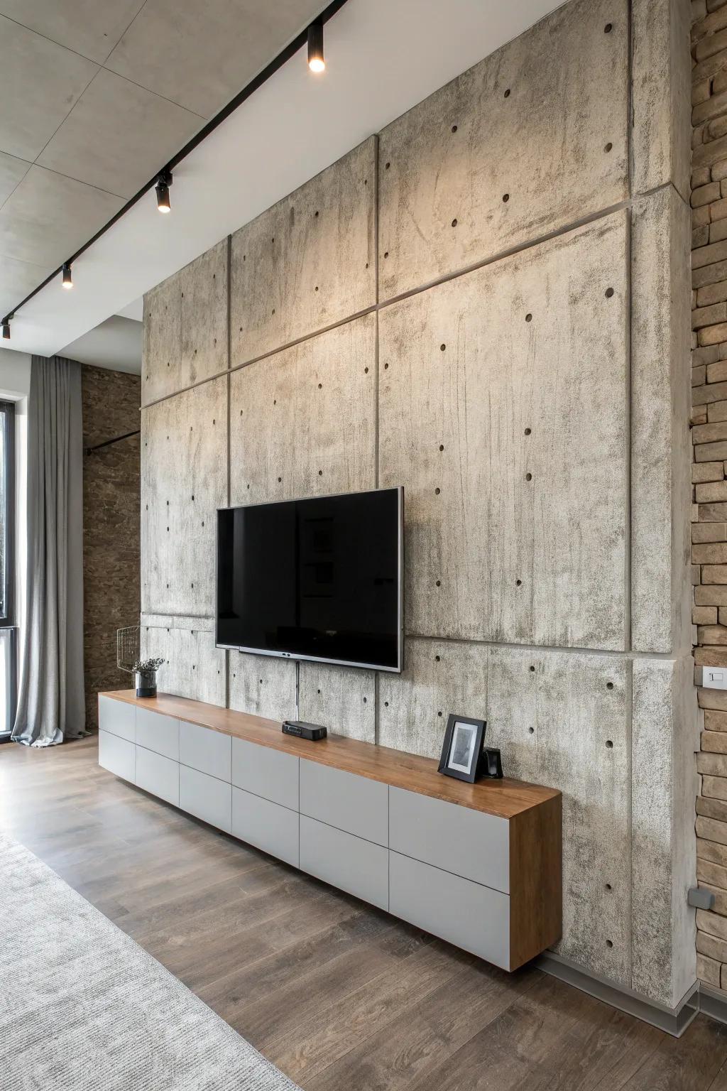 Concrete panels lend an urban trendy vibe to this TV wall.