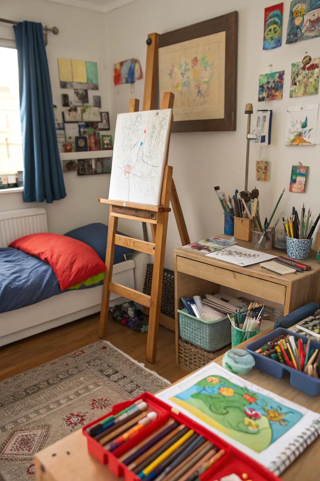 An artistic setup that encourages creativity in a tween's room.