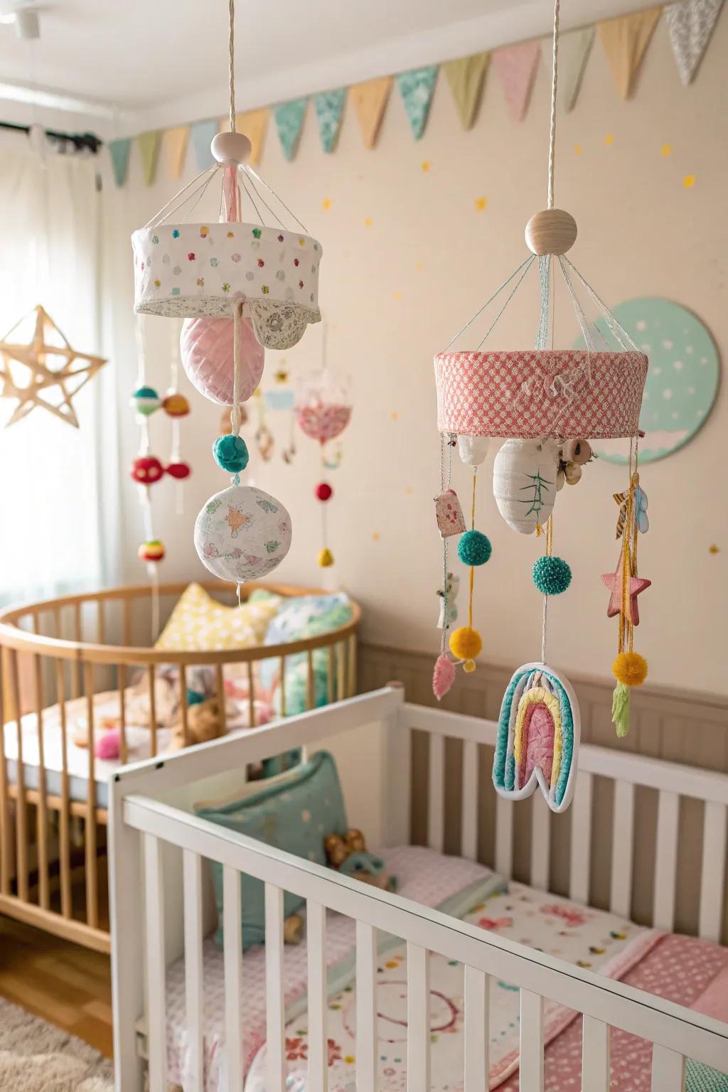 Whimsical mobiles contribute charm and visual interest above the cradles.