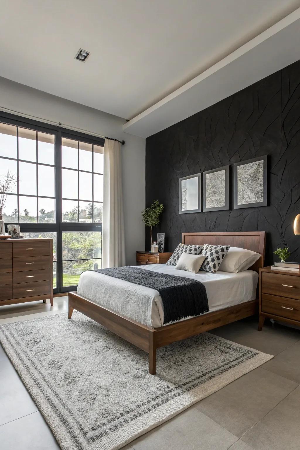 A chic bedroom styled with black and white walls, embodying timeless elegance.