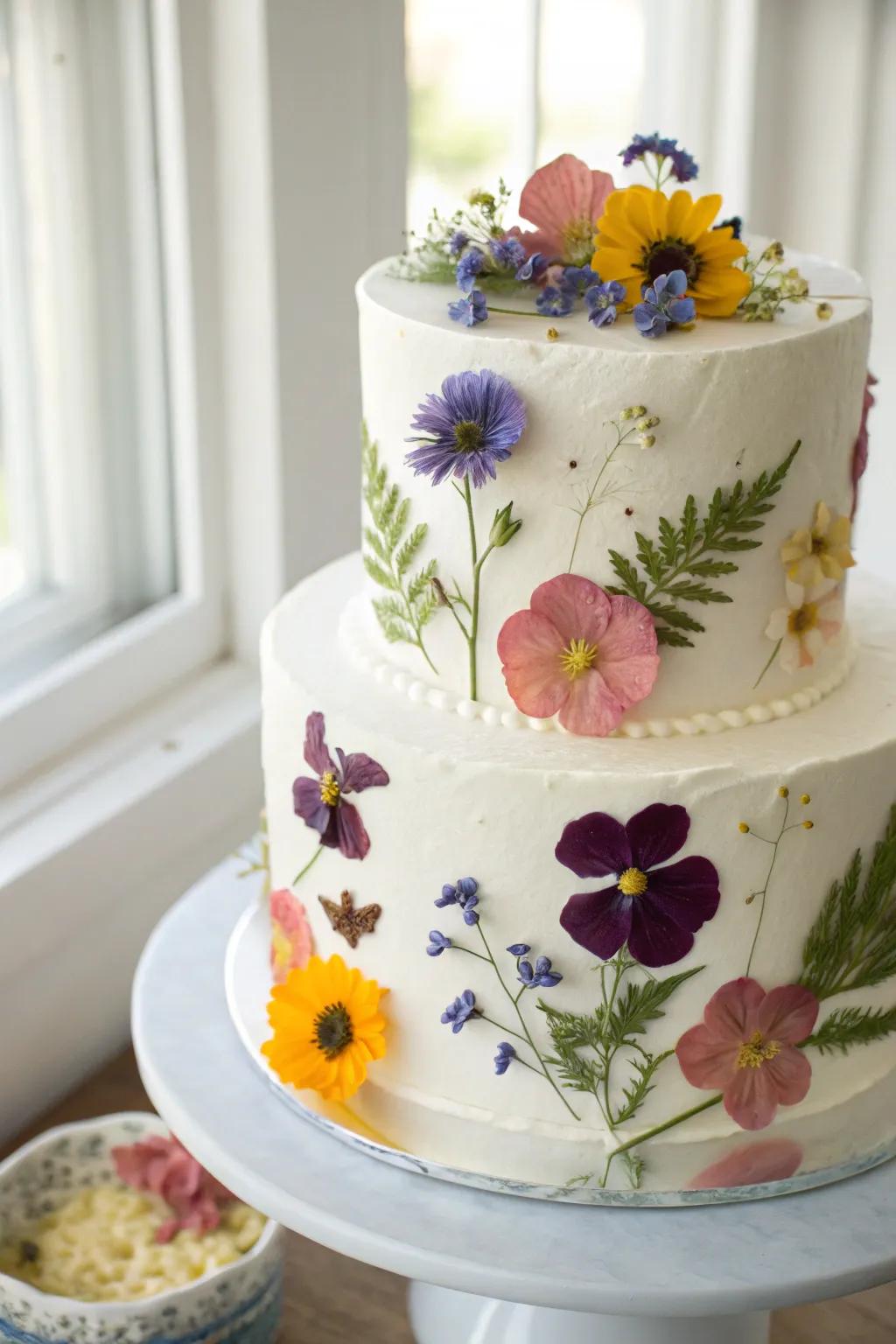 A cake with a pressed flower pattern for a botanical aesthetic.