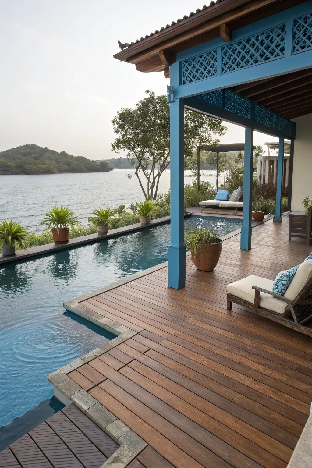 Cured wood and ocean blue create a tranquil seaside deck retreat.
